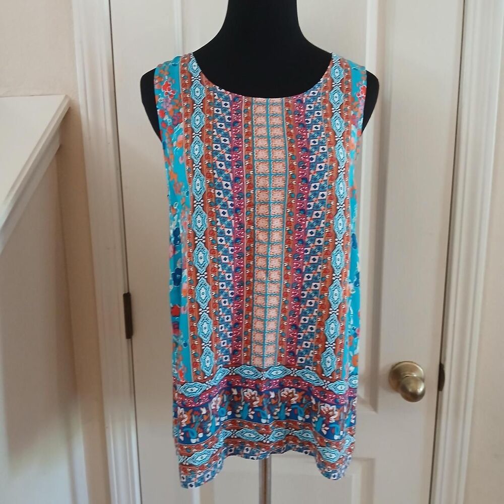 Cynthia Rowley Colorful Boho Sleeveless Blouse Button Back S Dopamine Vibrant